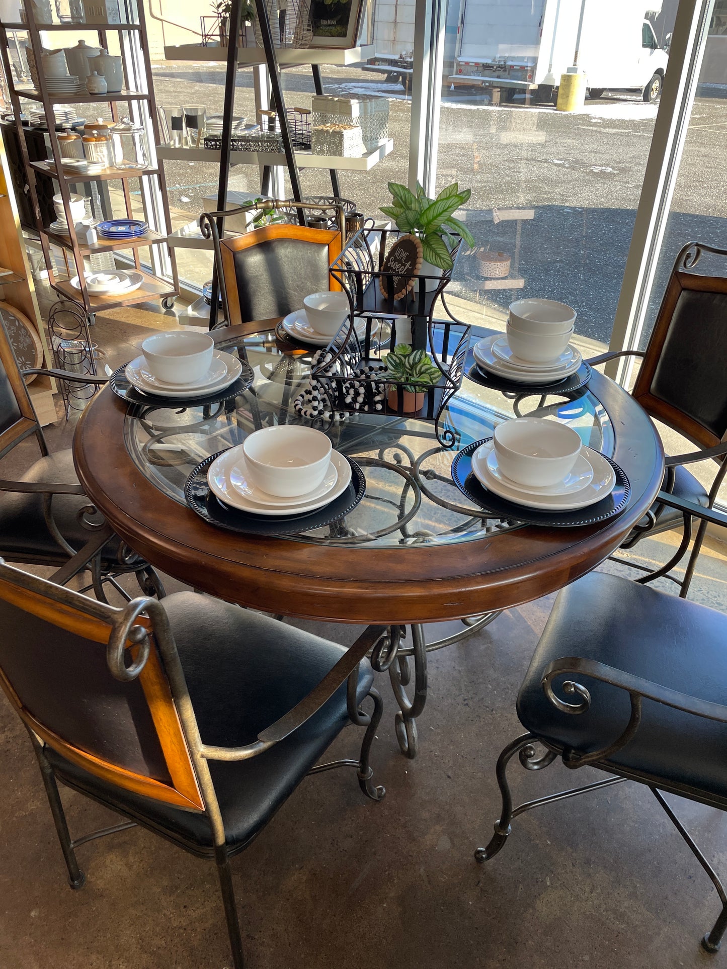 Round Iron Glass Top Table with 5 Chairs