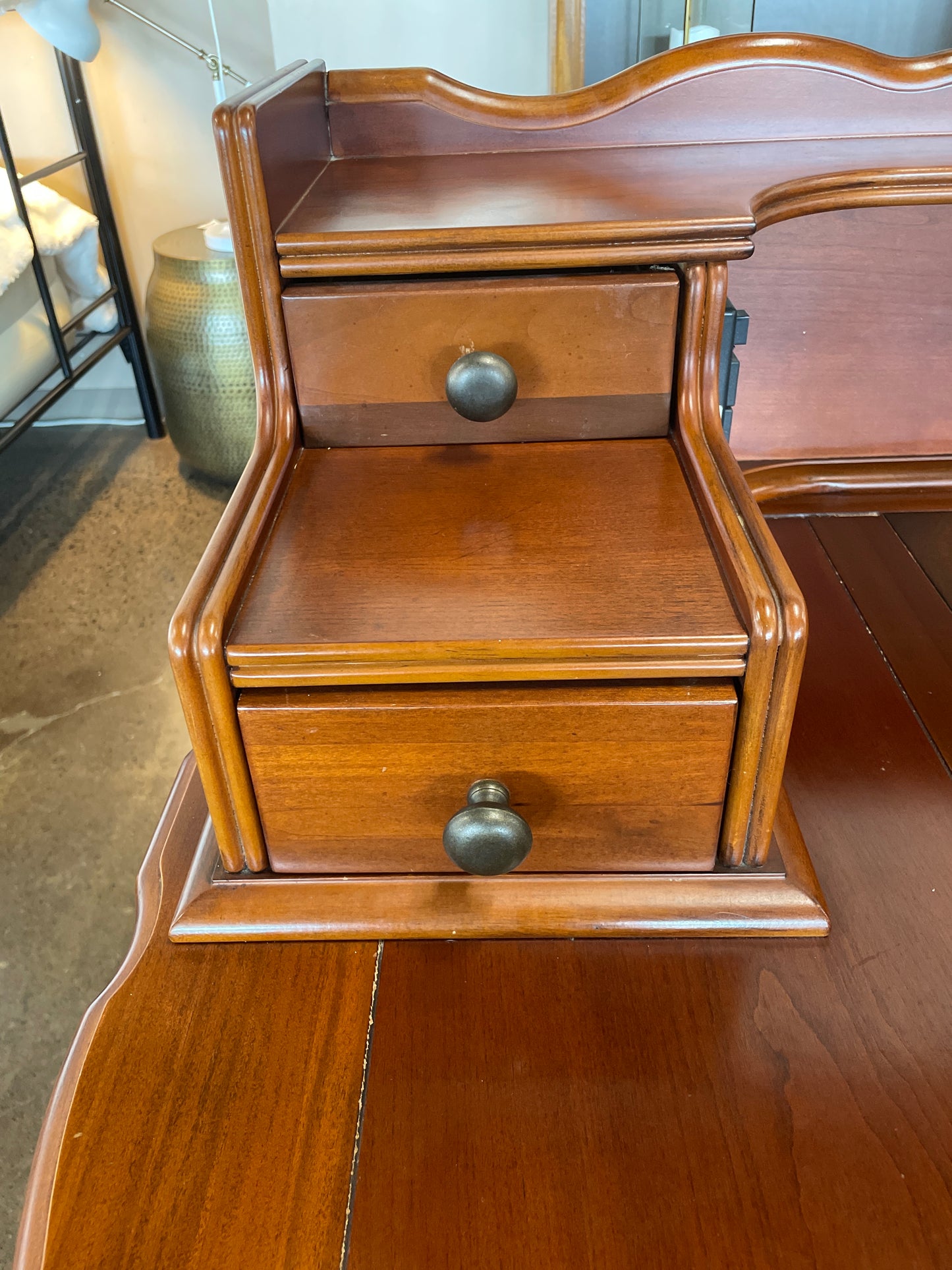 Wooden desk with drawers and chair