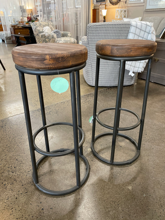 Barstool PAIR Wood Seat/Iron Base