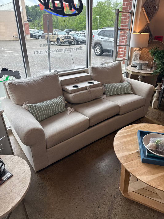 Linen sofa with cup holder area