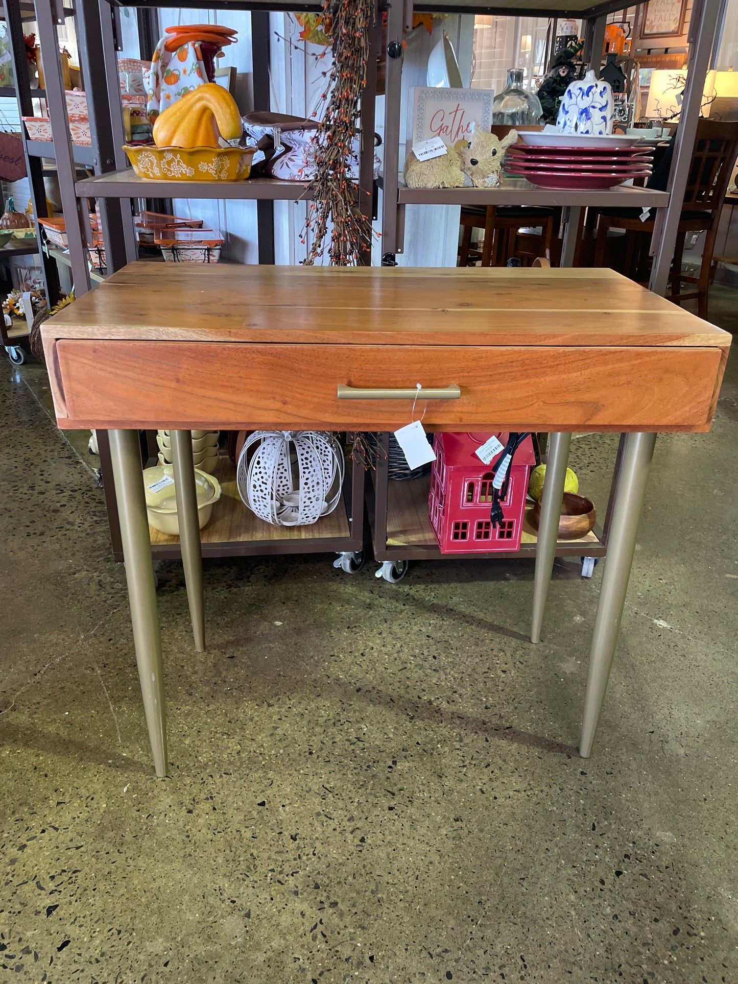 Wood Topped Desk with Metal Legs and Power Outlet