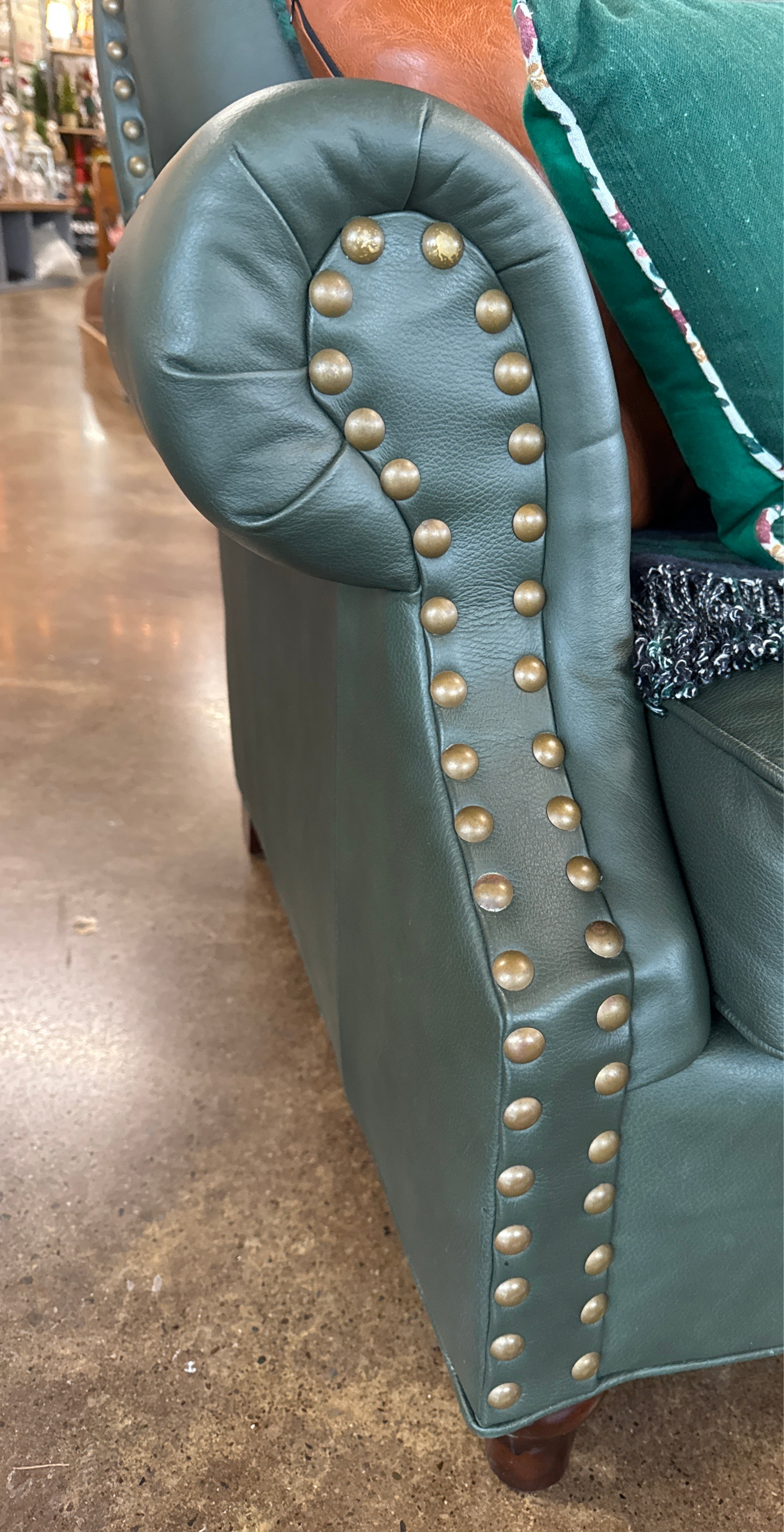 La Z Boy Green Leather Chair with Nailhead Trim