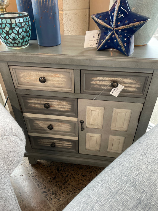 Distressed gray storage cabinet w/ 2 drawers
