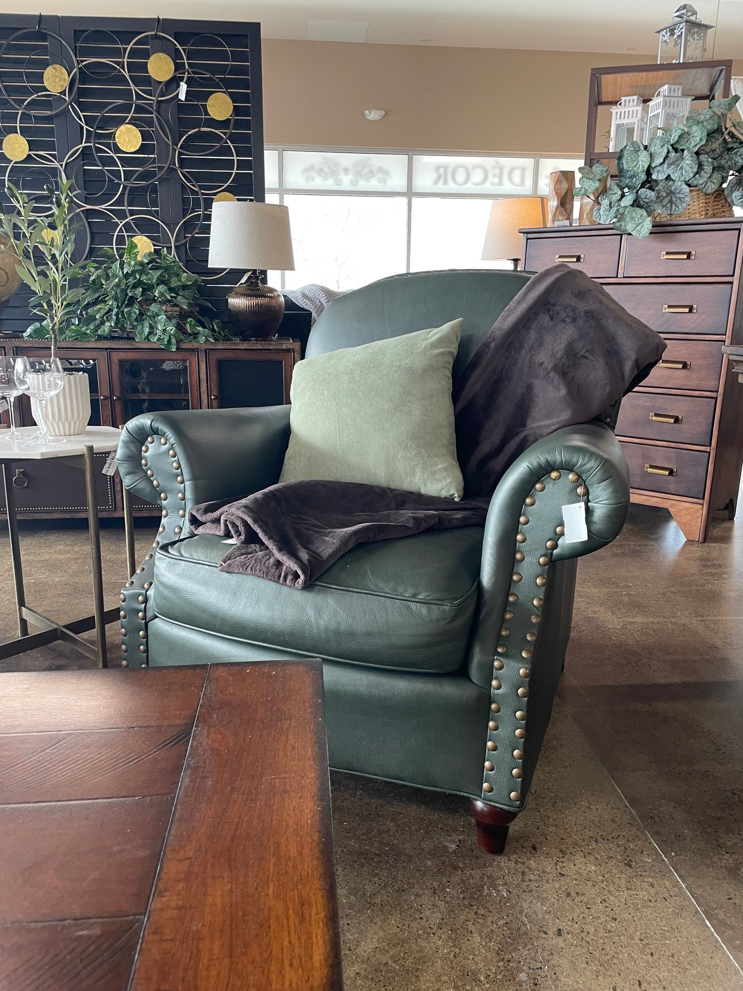 La Z Boy Green Leather Chair with Nailhead Trim