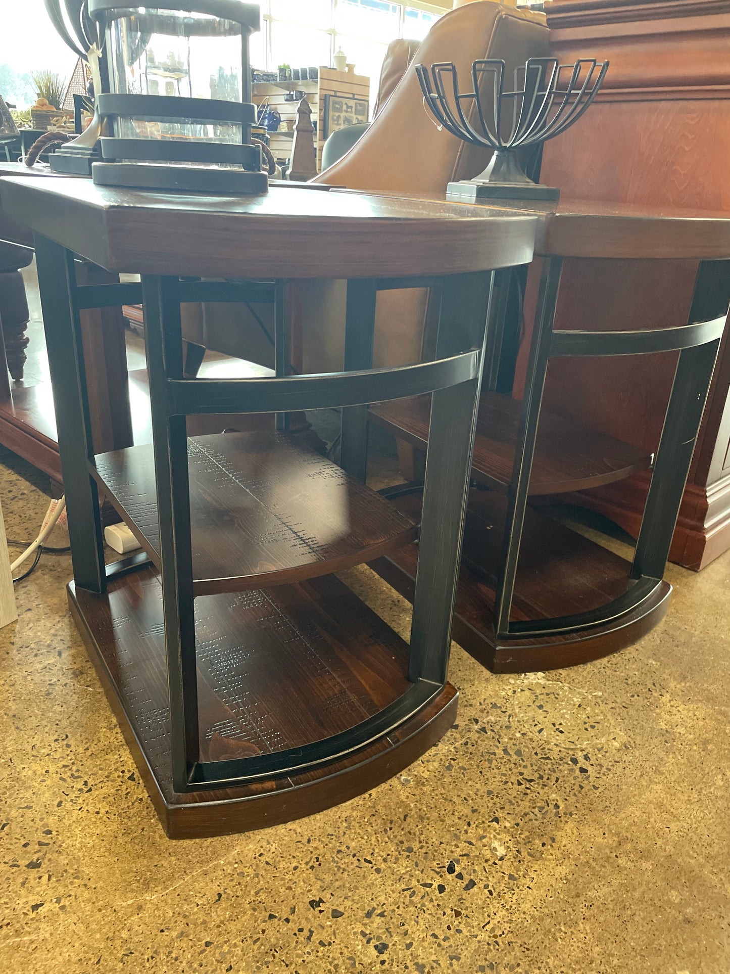 Wood topped metal legged end tables (Pair)