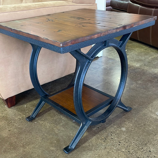 Wooden topped industrial end tables (2)