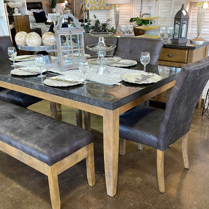 Marble top Dining Table, 4 Chairs/bench