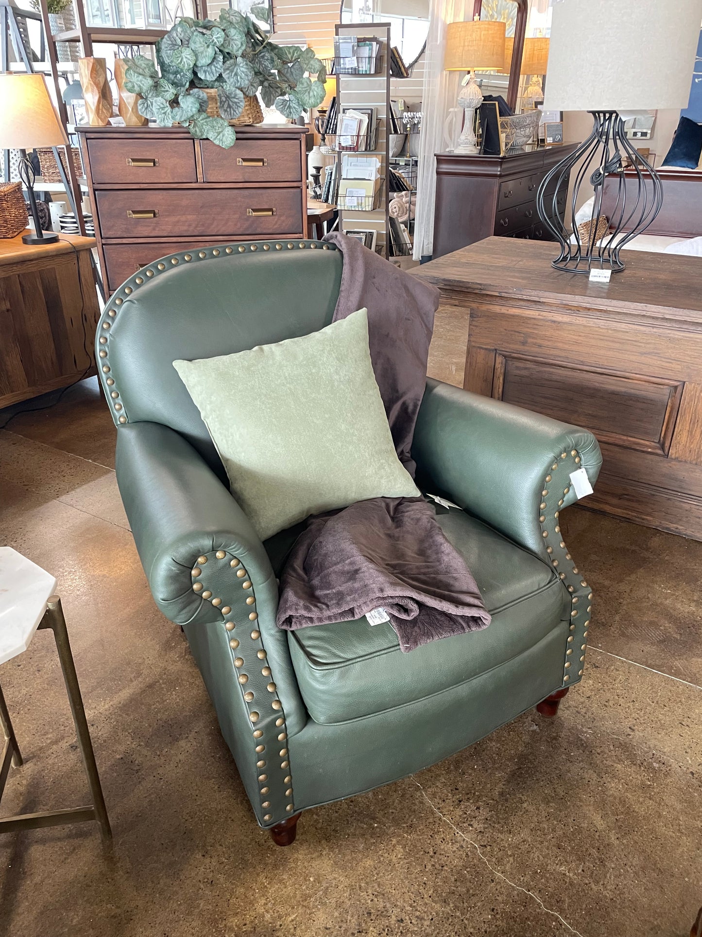 La Z Boy Green Leather Chair with Nailhead Trim