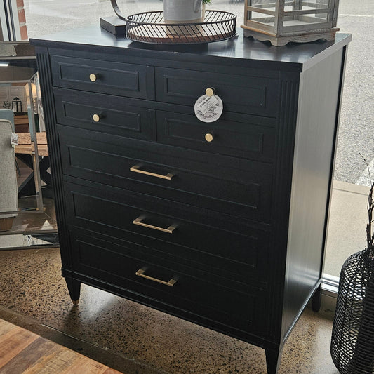 Refinished black 5 drawer dresser in Zelienople PA at The Perfect Piece Store, a resale shop.