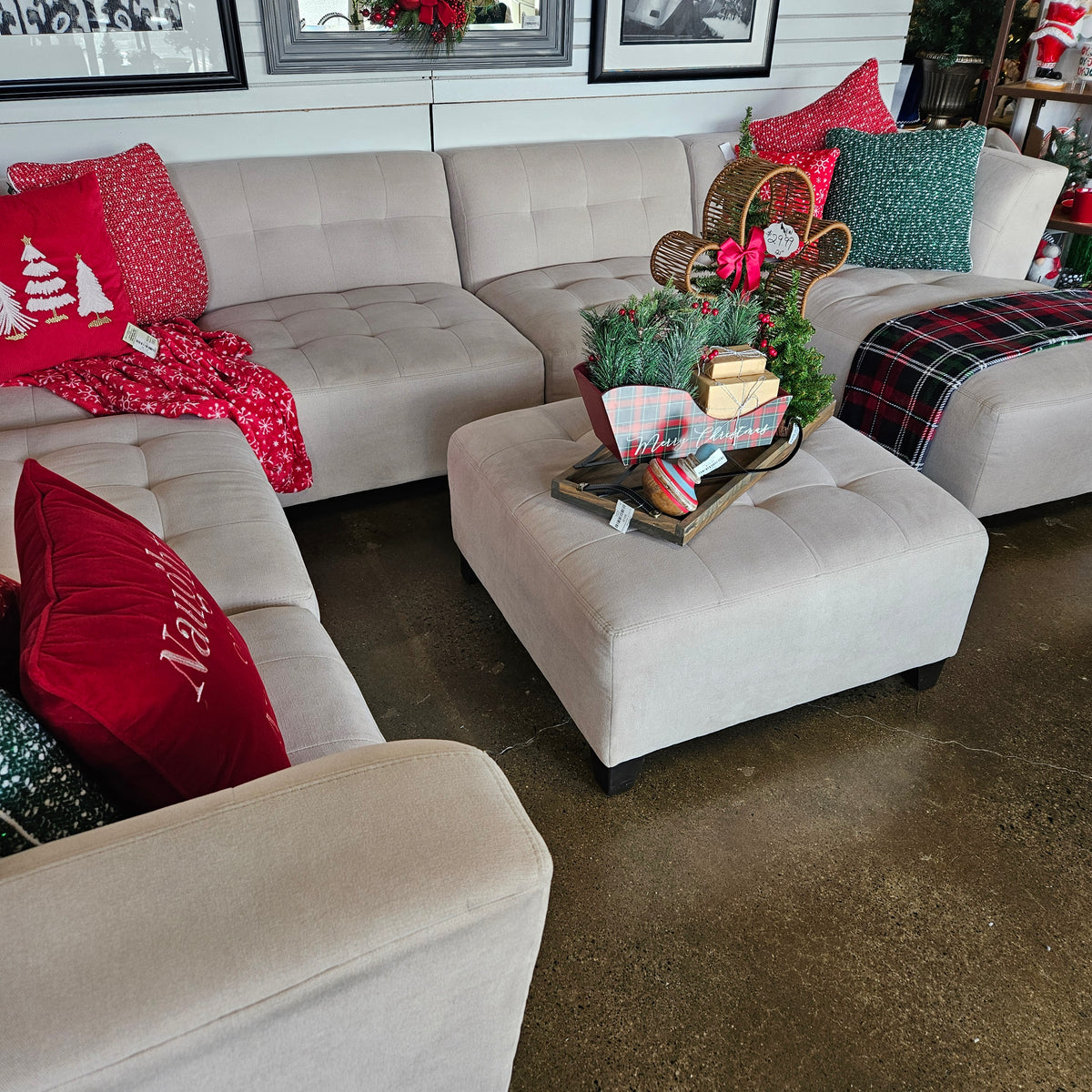 Cream Tufted Sectional with Chaise and Ottoman