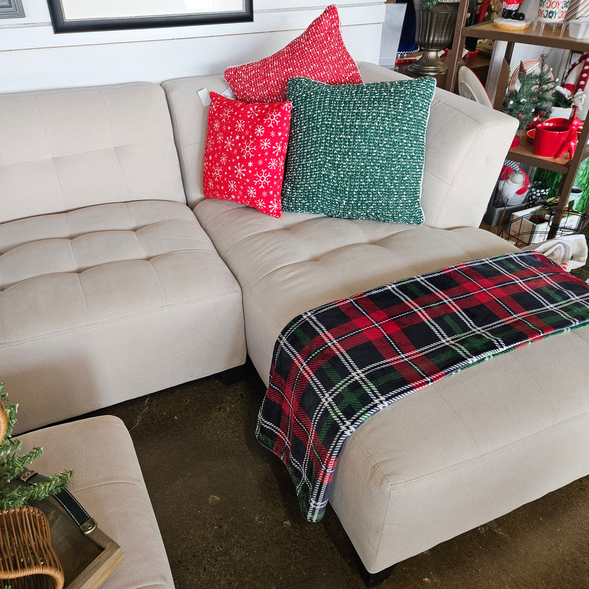 Cream Tufted Sectional with Chaise and Ottoman