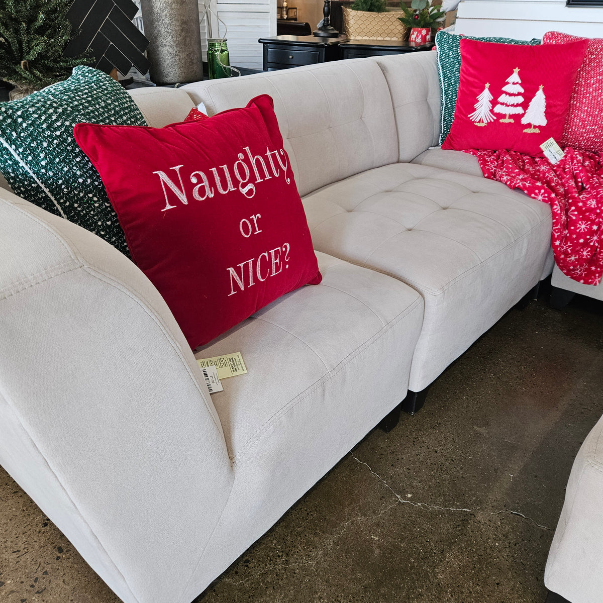 Cream Tufted Sectional with Chaise and Ottoman