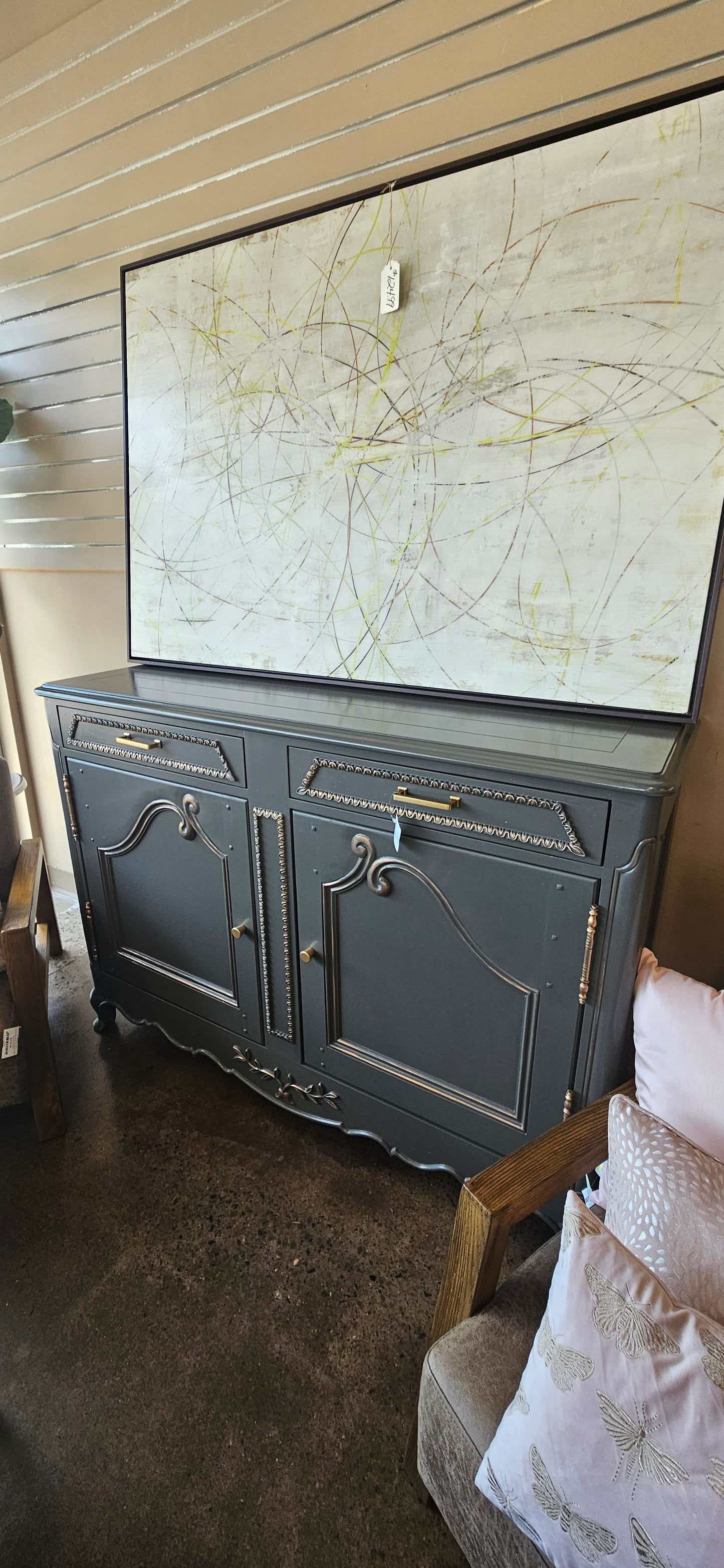 Gray buffet with gold accents