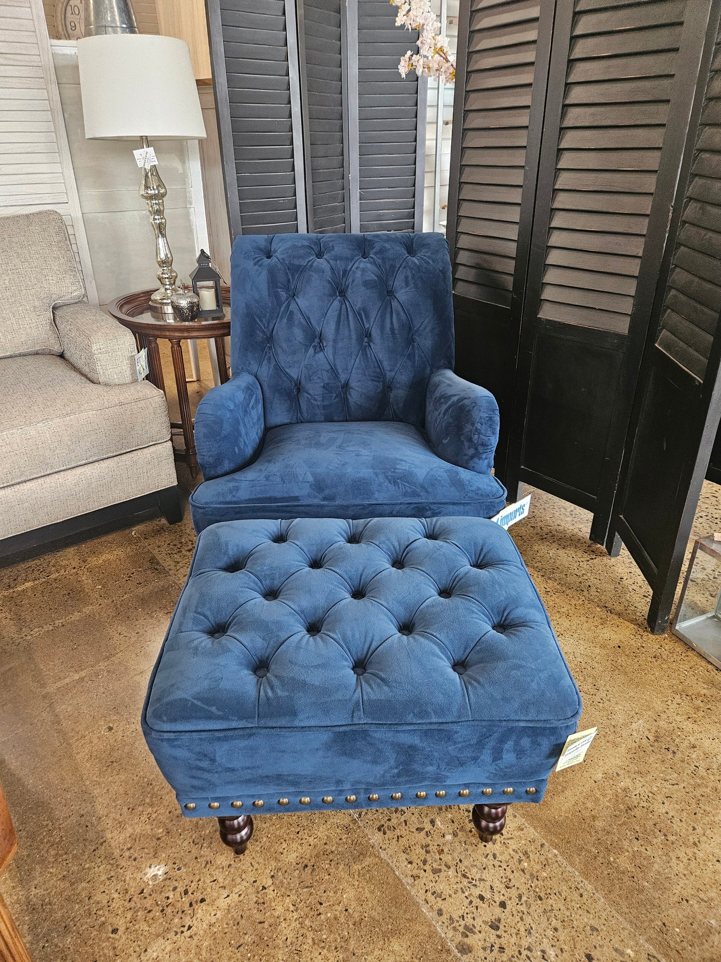 Pier 1 Blue Tufted Chair and Ottoman