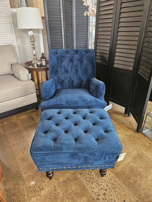 Pier 1 Blue Tufted Chair and Ottoman