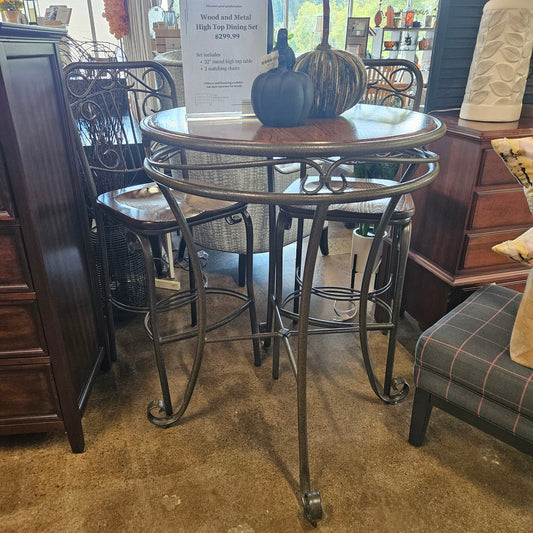 Wood and metal hightop table w/ 2 chairs