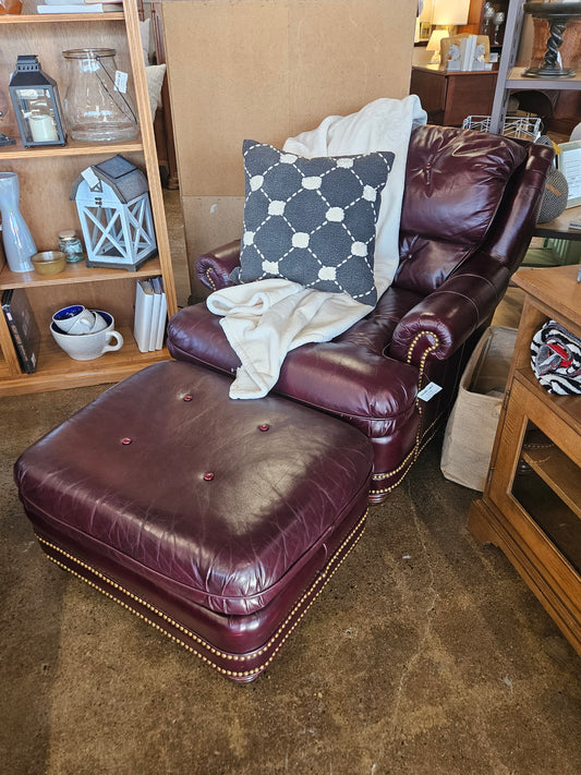 Burgundy leather chair and ottoman