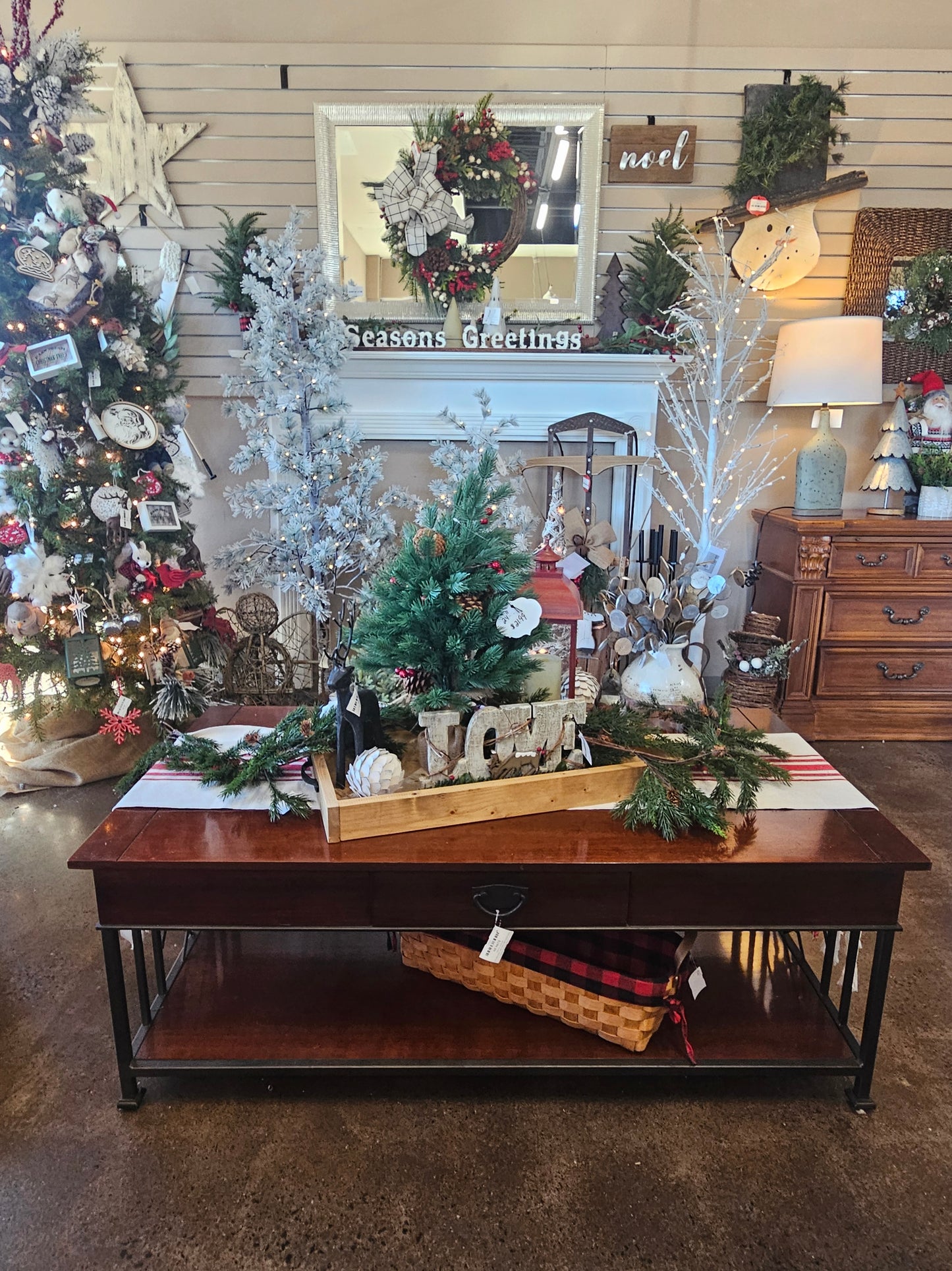 Dark wood coffee table with metal legs and drawer
