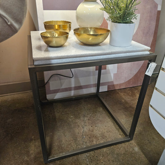 Gray wood base end table w/ marble top