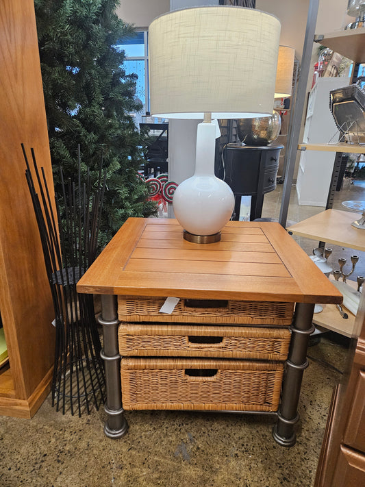 Wicker & Wood Side (End) Table with Metal Frame – 3 Drawer Storage