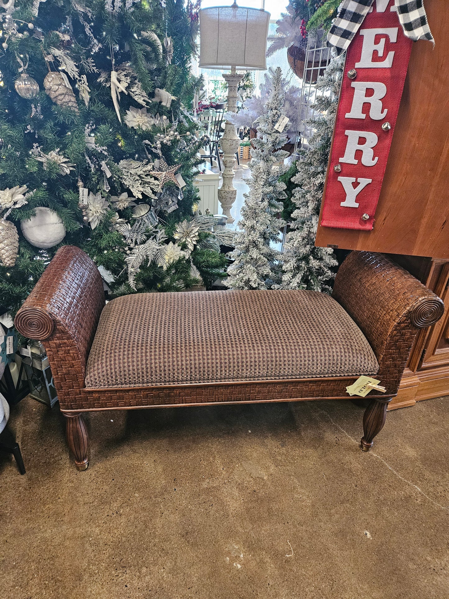 Upholstered and wicker brown entryway bench