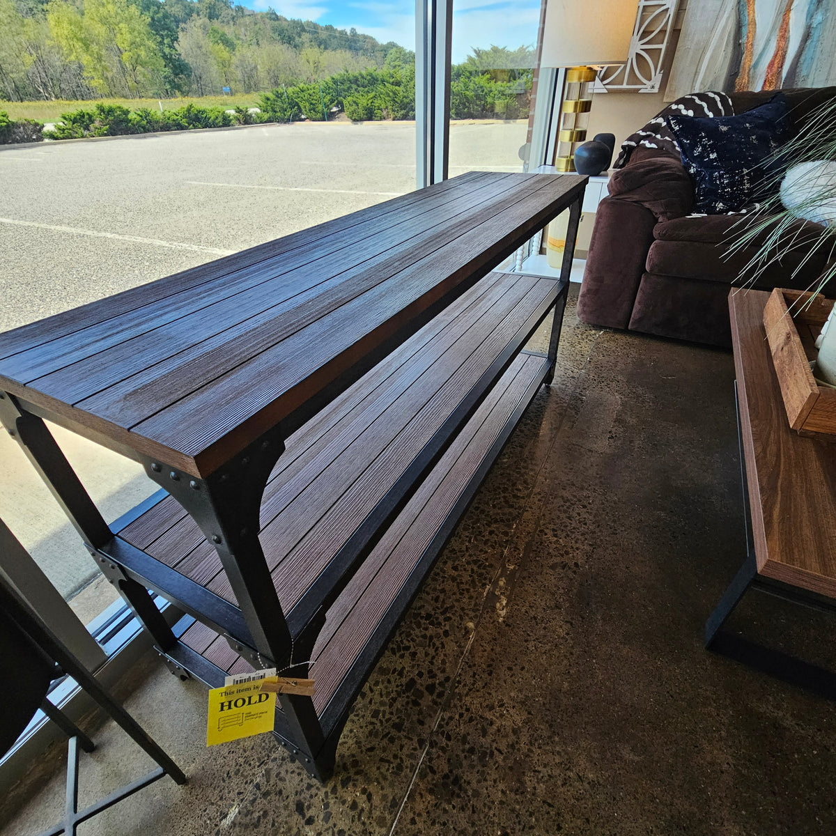 Sofa table with wood shelves and industrial frame