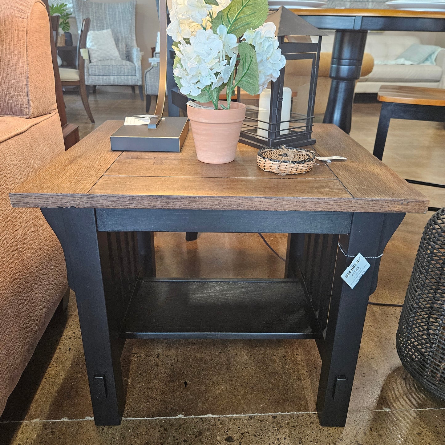 Wood top, black painted base end table
