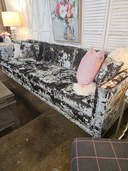 Gray crushed velvet retro sofa