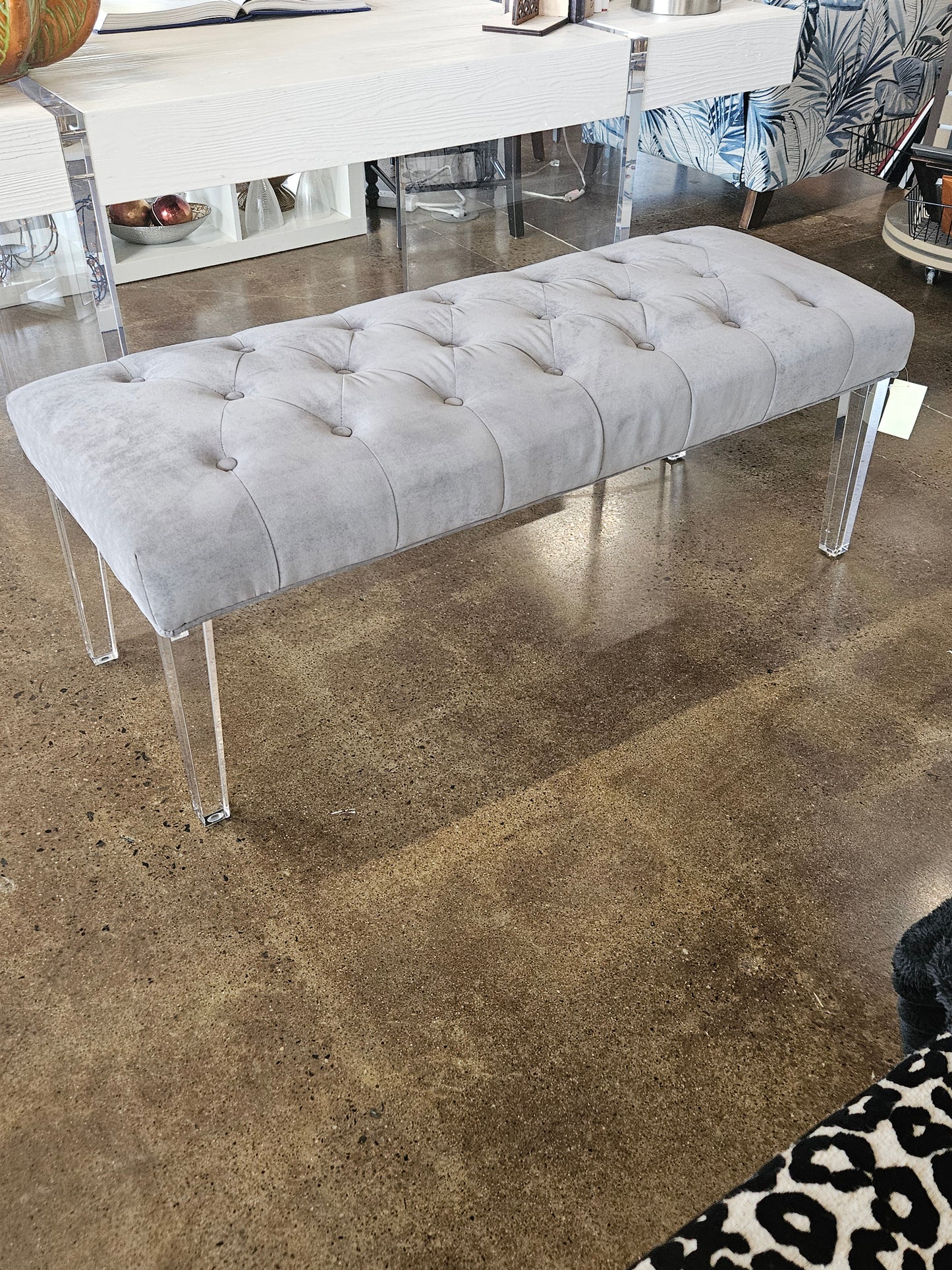 Gray Velvet Tufted Seat Bench/Clear Legs