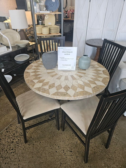 Arhaus marble circular dining table and four chairs