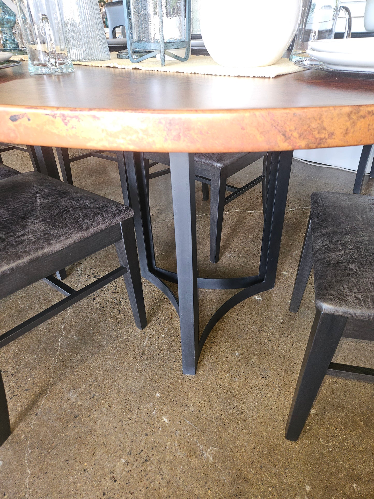 Hammered Copper Topped Table w/6 Black Chairs