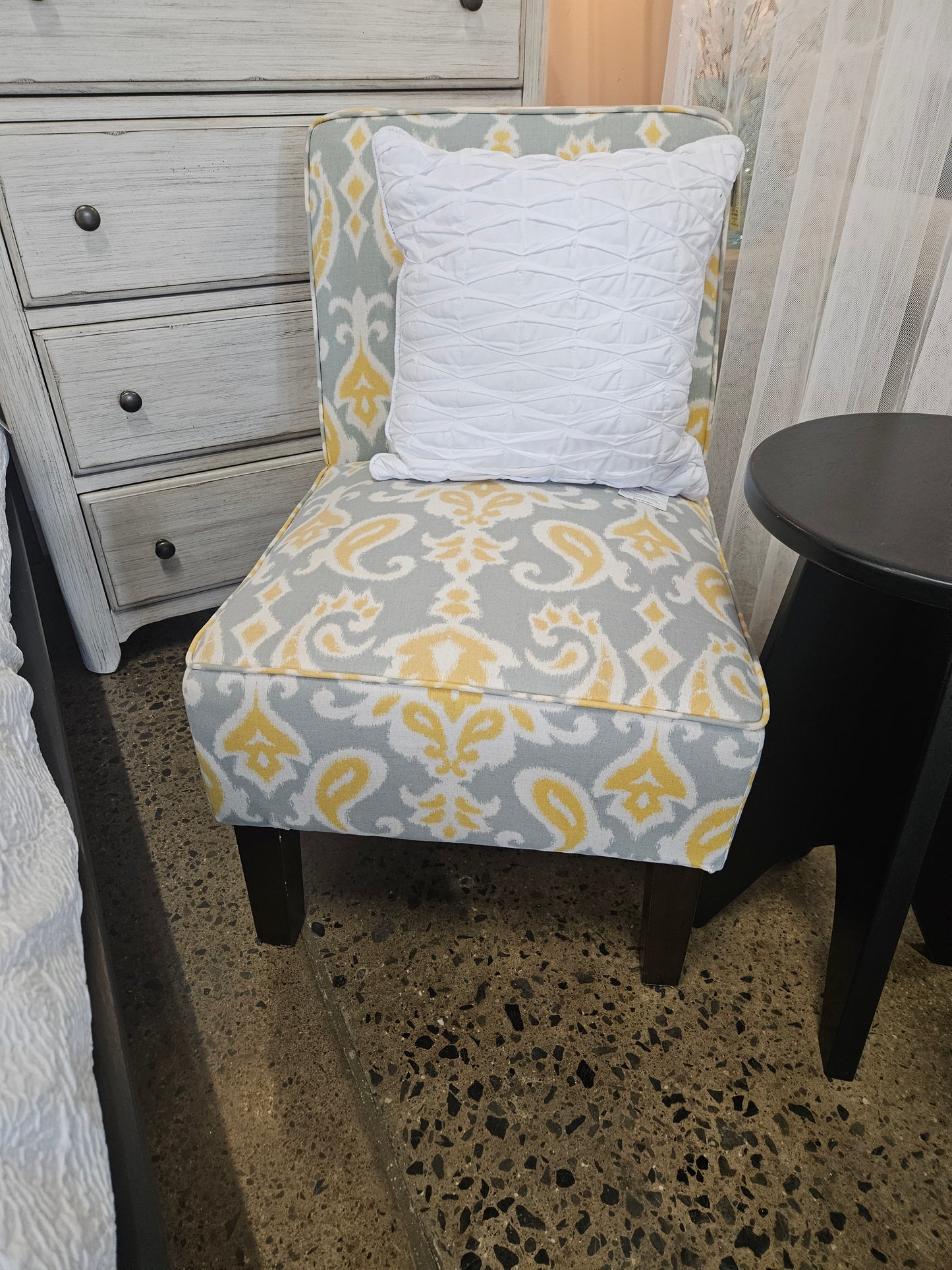 Blue and yellow paisley slipper chair