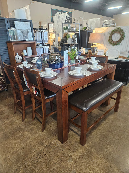 High-top Table with Leaf, 6 Chairs, Bench