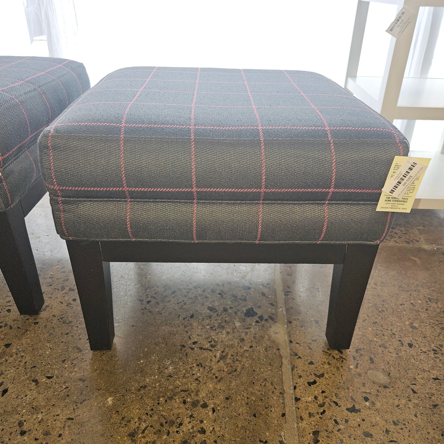 Ottoman Gray & Pink Check Wood Legs