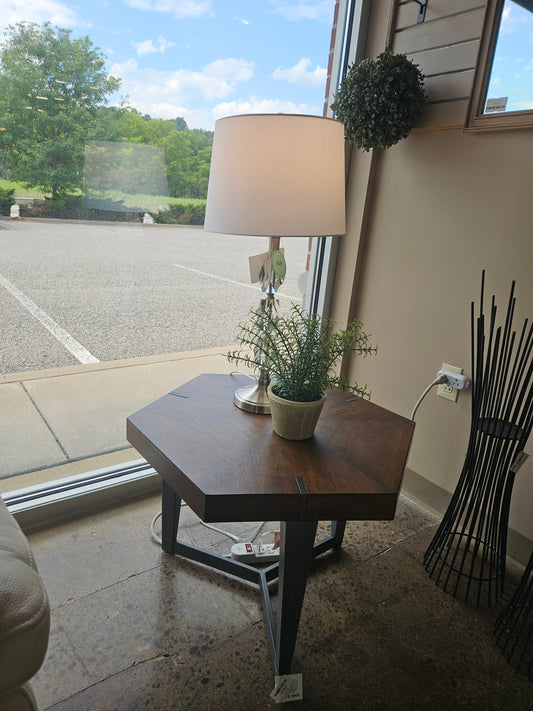 Wood top metal legs hexagon end tables (2)
