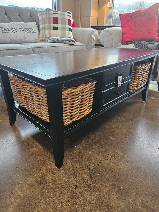 Pottery Barn black coffee table and end table with baskets
