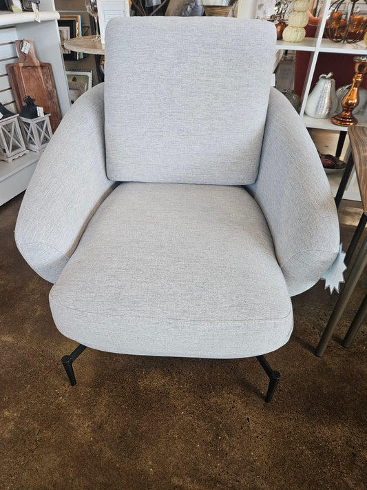 Grey Upholstered Armchair with Black Metal Legs