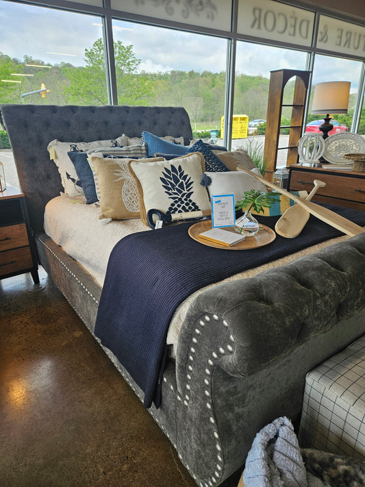 Grey Upholstered Sleigh Queen Bed
