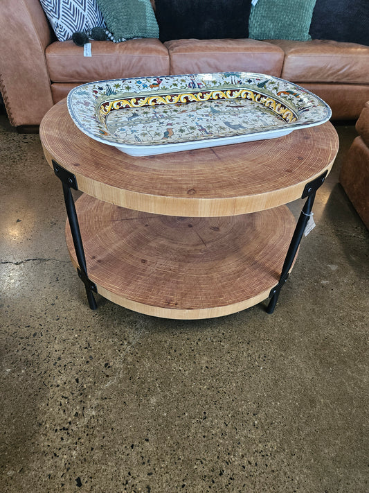 Round Wood Grain Coffee Table with Black Metal Frame