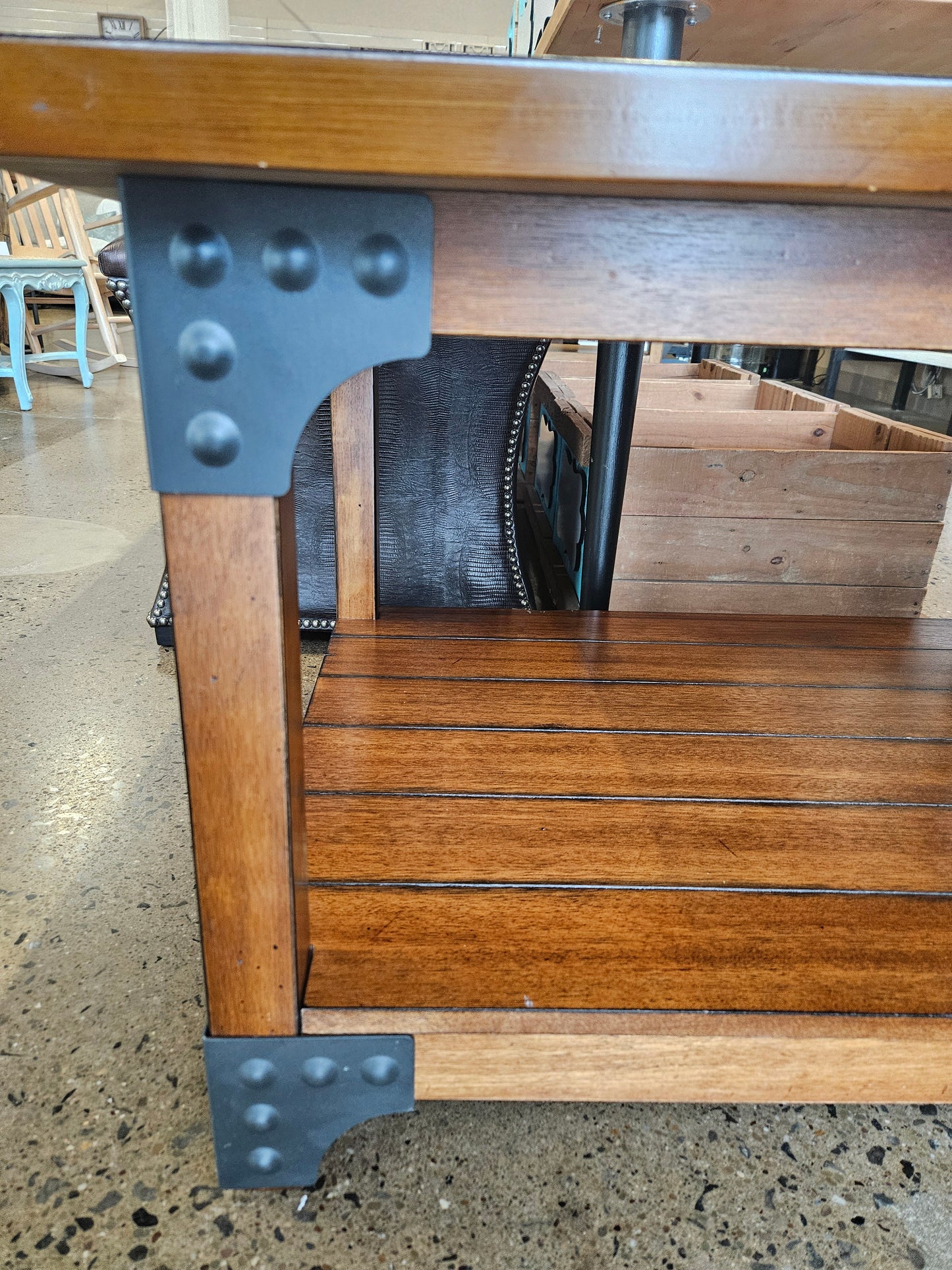 Plank coffee table with metal accents