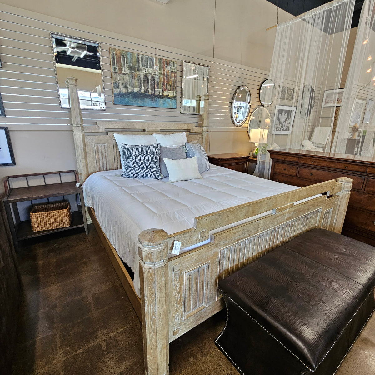 Weathered wood panel king bed (FB/FB/Rails/Slats)