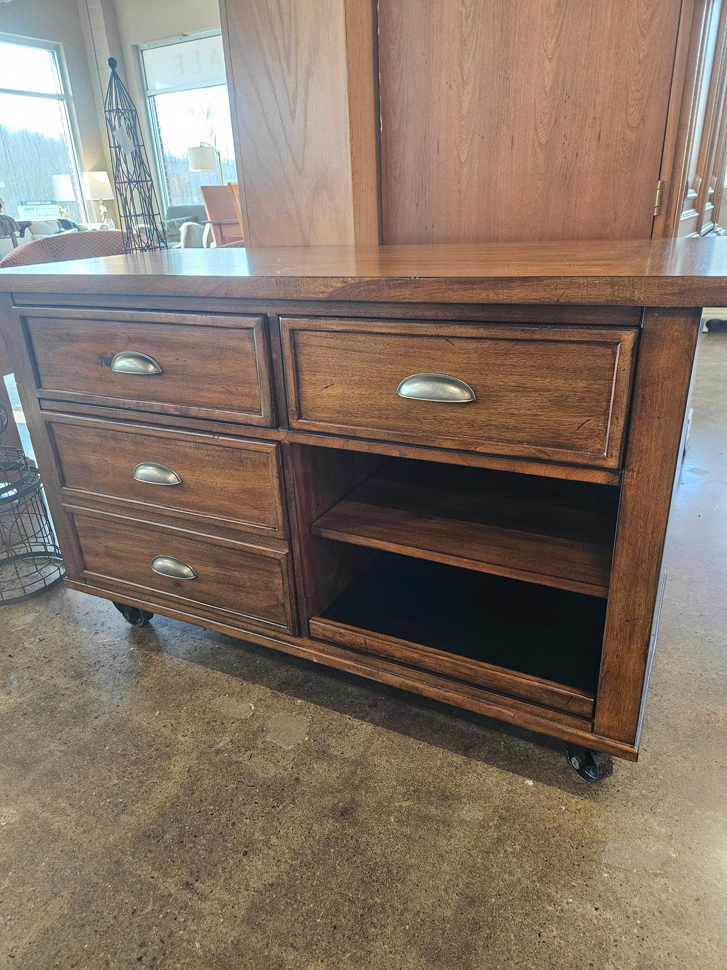 Wood Media Cabinet w/ sliver pulls