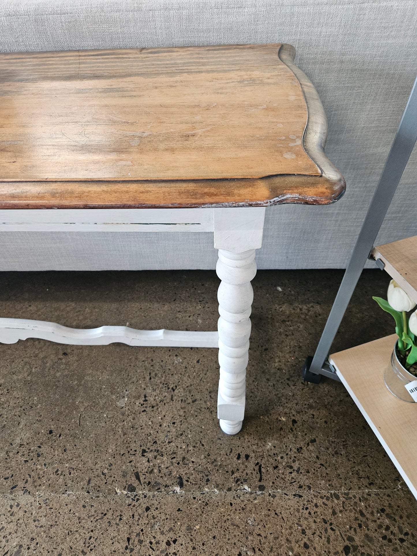 Distressed wood topped white legged sofa/entry table