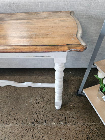 Distressed wood topped white legged sofa/entry table