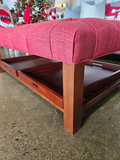 Red Upholstered Ottoman/Coffee Table with Removable Trays