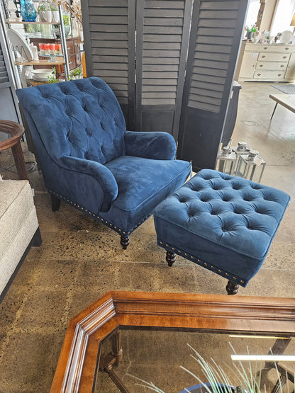 Pier 1 Blue Tufted Chair and Ottoman