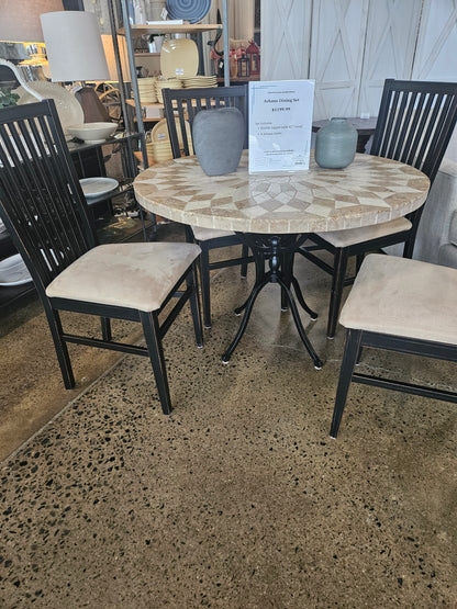 Arhaus marble circular dining table and four chairs