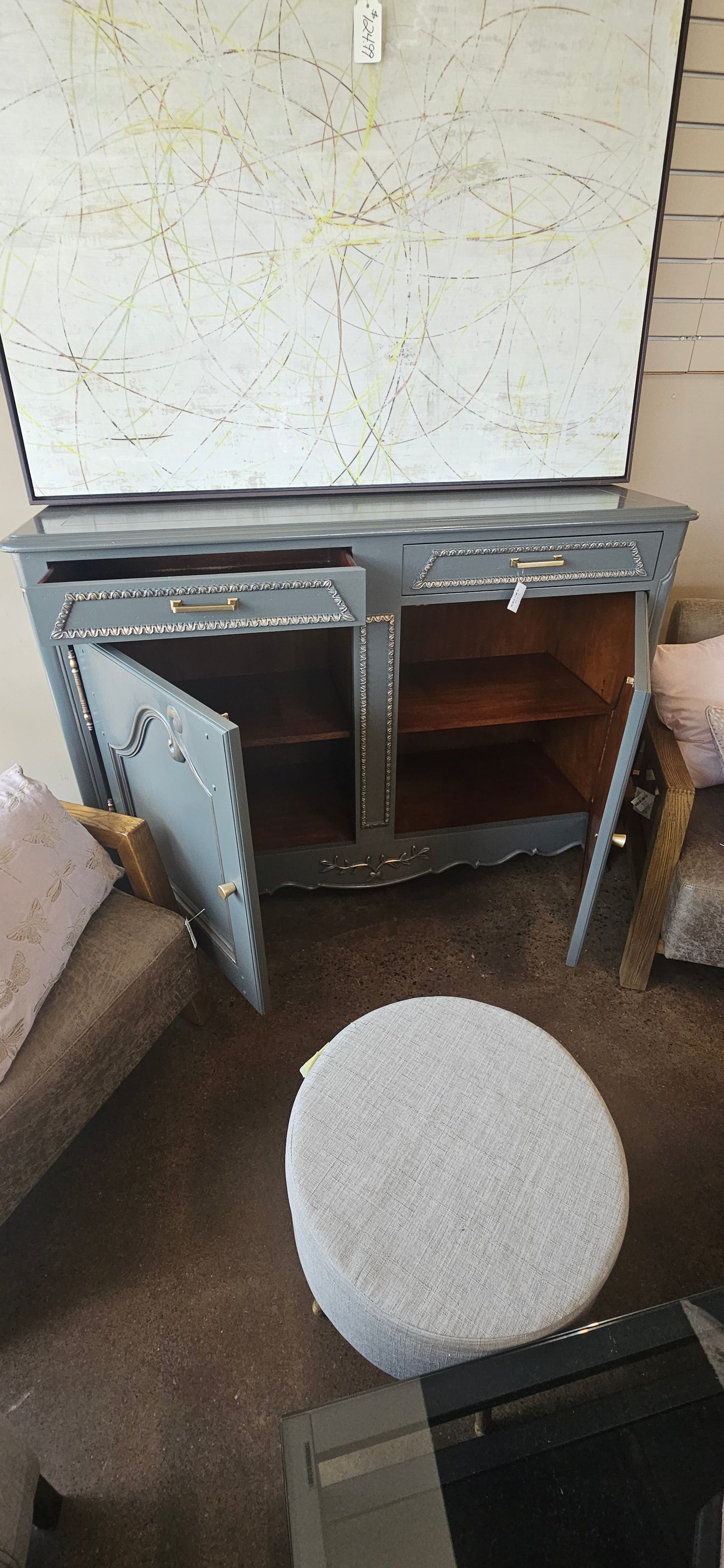 Gray buffet with gold accents