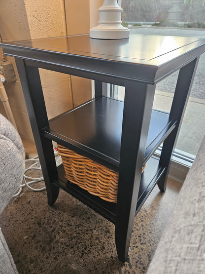 Pottery Barn black coffee table and end table with baskets