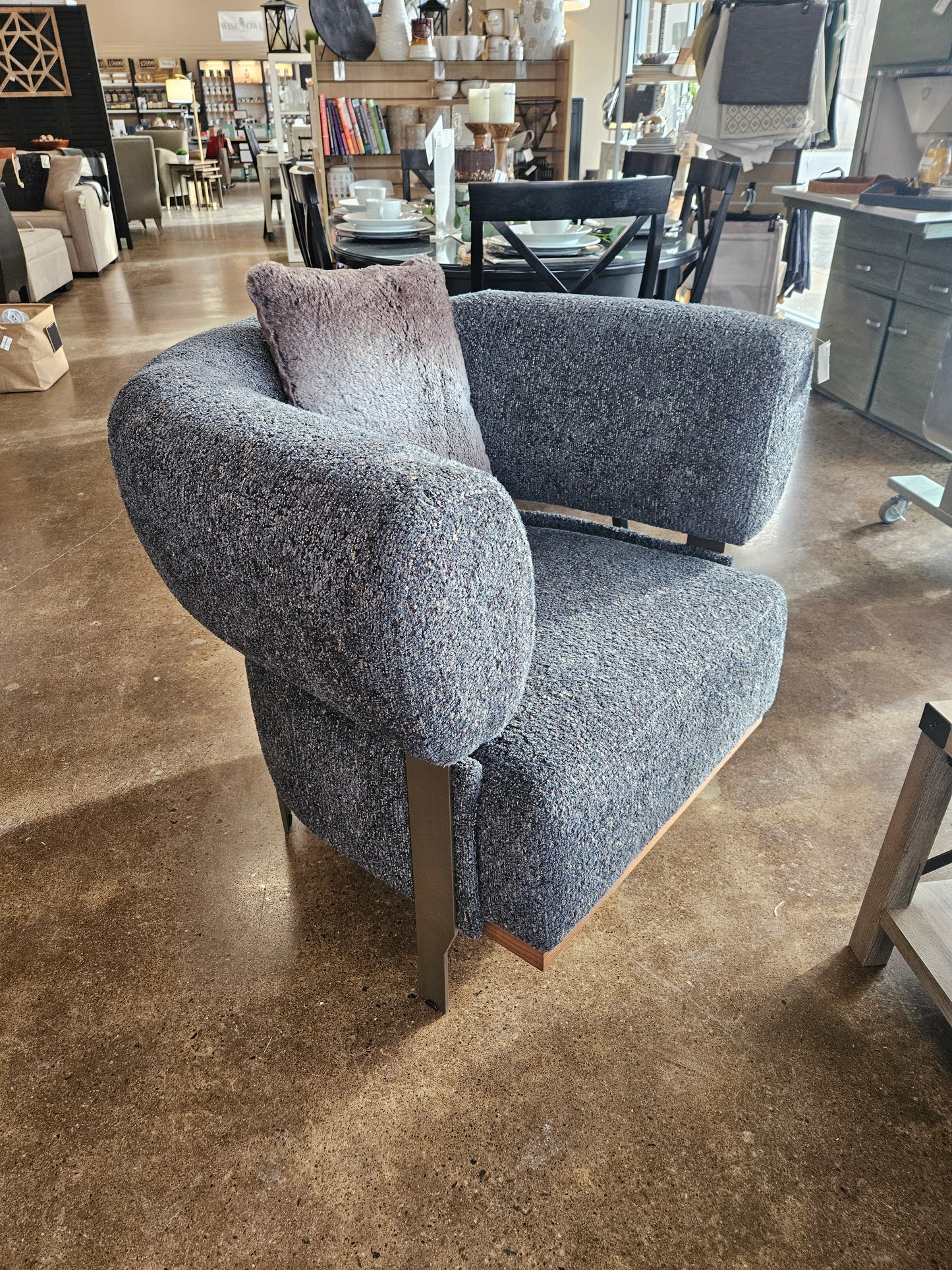 NEW Curved chair in textured blue fabric w/ speckled undertones